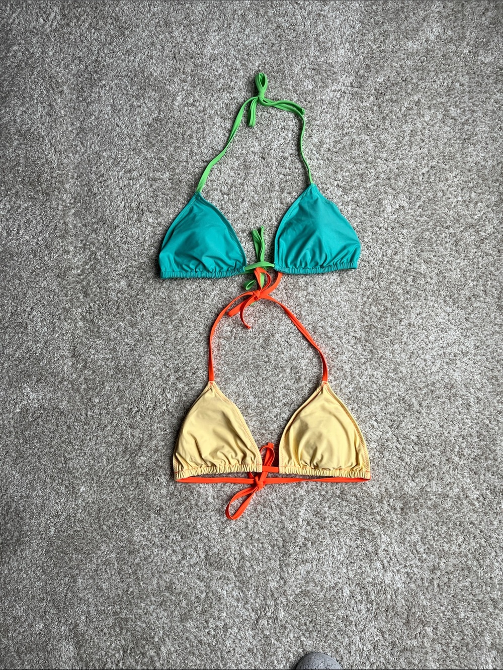 aerie Teal & Pale Yellow Triangle Bikini Tops with Green & Orange Ties